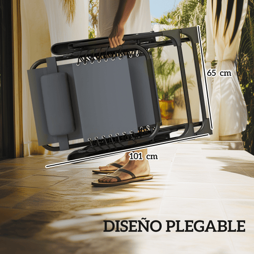 Outsunny Conjunto de 2 Espreguiçadeiras Jardim Dobráveis com Mesa Auxiliar Porta-Copos Espreguiçadeiras de Gravidade Zero com Encosto Ajustável Apoios de Braço Removíveis para Pátio Piscina Cinza