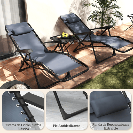 Outsunny Conjunto de 2 Espreguiçadeiras Jardim Dobráveis com Mesa Auxiliar Porta-Copos Espreguiçadeiras de Gravidade Zero com Encosto Ajustável Apoios de Braço Removíveis para Pátio Piscina Cinza