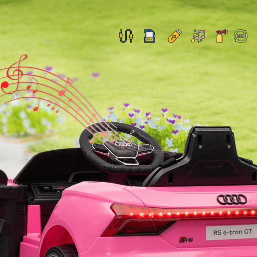 HOMCOM Carro Elétrico AUDI RS E-Tron GT para Crianças de 3-6 Anos Carro de Bateria 12V com 2 Motores Controlo Remoto Faróis LED Buzina Música USB e Abertura de Porta 3-5kmh 103x58x41 cm Rosa