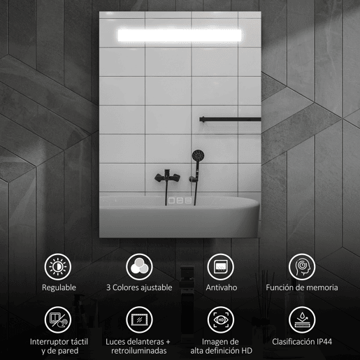 HOMCOM Espelho de Casa de Banho com Luz LED 70x50 cm Espelho de Casa de Banho de Parede com 3 Cores de Luz Função Antiembaciamento Função de Memória IP44