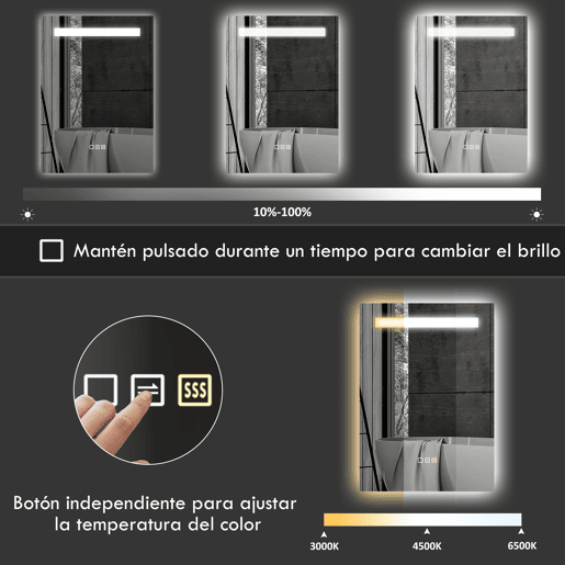 HOMCOM Espelho de Casa de Banho com Luz LED 70x50 cm Espelho de Casa de Banho de Parede com 3 Cores de Luz Função Antiembaciamento Função de Memória IP44