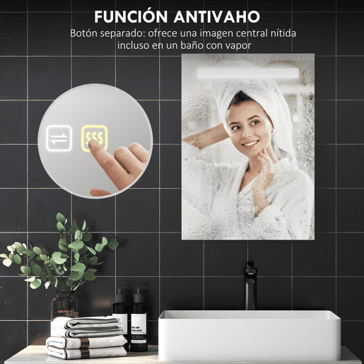 HOMCOM Espelho de Casa de Banho com Luz LED 70x50 cm Espelho de Casa de Banho de Parede com 3 Cores de Luz Função Antiembaciamento Função de Memória IP44
