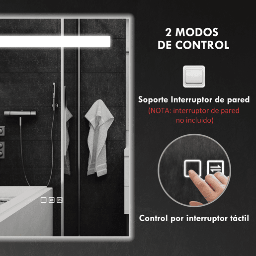 HOMCOM Espelho de Casa de Banho com Luz LED 70x50 cm Espelho de Casa de Banho de Parede com 3 Cores de Luz Função Antiembaciamento Função de Memória IP44
