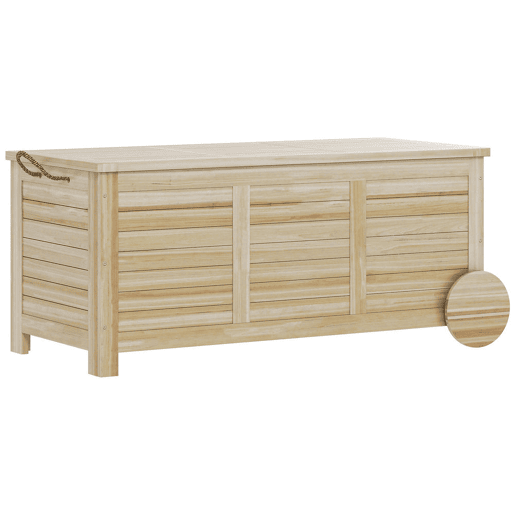 Outsunny Baú de Arrumação Exterior 185L Baú de Jardim de Madeira Impermeável com Tampa Amovível 2 Rodas Cordas de Linho Dobradiças Metálicas e Forro Interno 110x50x50 cm Madeira