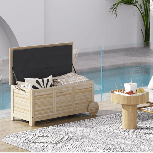 Outsunny Baú de Arrumação Exterior 185L Baú de Jardim de Madeira Impermeável com Tampa Amovível 2 Rodas Cordas de Linho Dobradiças Metálicas e Forro Interno 110x50x50 cm Madeira