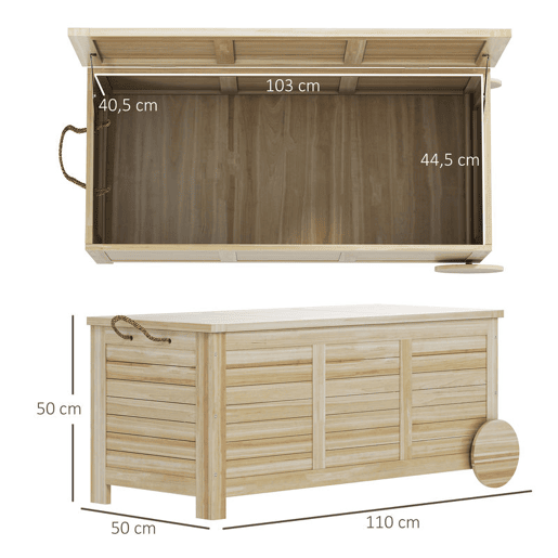 Outsunny Baú de Arrumação Exterior 185L Baú de Jardim de Madeira Impermeável com Tampa Amovível 2 Rodas Cordas de Linho Dobradiças Metálicas e Forro Interno 110x50x50 cm Madeira