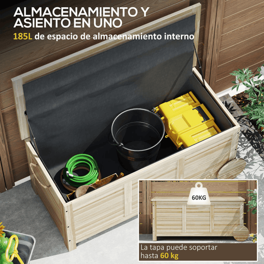 Outsunny Baú de Arrumação Exterior 185L Baú de Jardim de Madeira Impermeável com Tampa Amovível 2 Rodas Cordas de Linho Dobradiças Metálicas e Forro Interno 110x50x50 cm Madeira