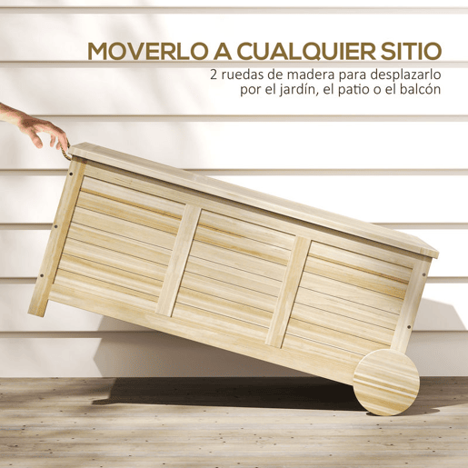 Outsunny Baú de Arrumação Exterior 185L Baú de Jardim de Madeira Impermeável com Tampa Amovível 2 Rodas Cordas de Linho Dobradiças Metálicas e Forro Interno 110x50x50 cm Madeira