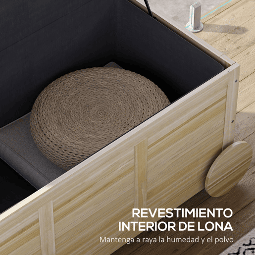 Outsunny Baú de Arrumação Exterior 185L Baú de Jardim de Madeira Impermeável com Tampa Amovível 2 Rodas Cordas de Linho Dobradiças Metálicas e Forro Interno 110x50x50 cm Madeira