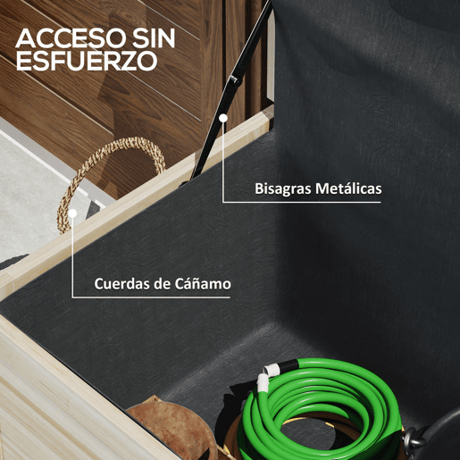 Outsunny Baú de Arrumação Exterior 185L Baú de Jardim de Madeira Impermeável com Tampa Amovível 2 Rodas Cordas de Linho Dobradiças Metálicas e Forro Interno 110x50x50 cm Madeira