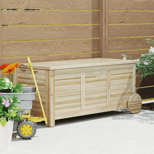 Outsunny Baú de Arrumação Exterior 185L Baú de Jardim de Madeira Impermeável com Tampa Amovível 2 Rodas Cordas de Linho Dobradiças Metálicas e Forro Interno 110x50x50 cm Madeira