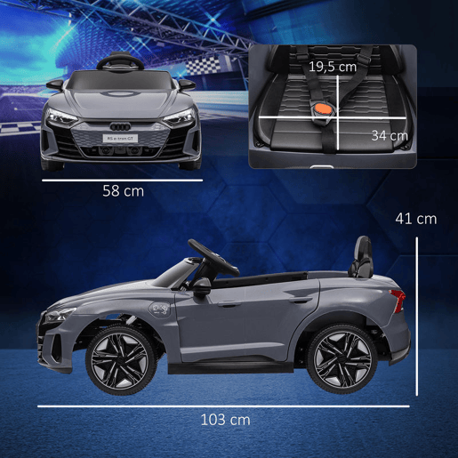 HOMCOM Carro Elétrico AUDI RS E-Tron GT para Crianças de 3-6 Anos Carro de Bateria 12V com 2 Motores Controlo Remoto Faróis LED Buzina Música USB e Abertura de Porta 3-5kmh 103x58x41 cm Cinzento