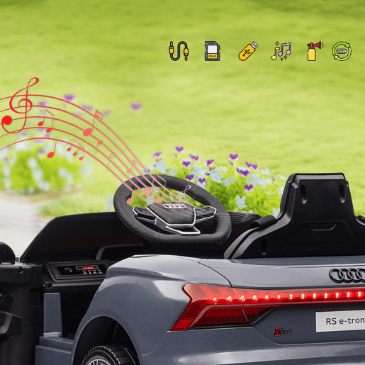 HOMCOM Carro Elétrico AUDI RS E-Tron GT para Crianças de 3-6 Anos Carro de Bateria 12V com 2 Motores Controlo Remoto Faróis LED Buzina Música USB e Abertura de Porta 3-5kmh 103x58x41 cm Cinzento