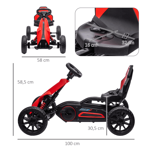 HOMCOM Kart a Pedais Infantil Kart a Pedais para Crianças de 3-8 Anos com Assento Ajustável em 4 Posições, Travão de Mão e Rodas de EVA Carga 30 kg 100x58x58,5 cm Vermelho