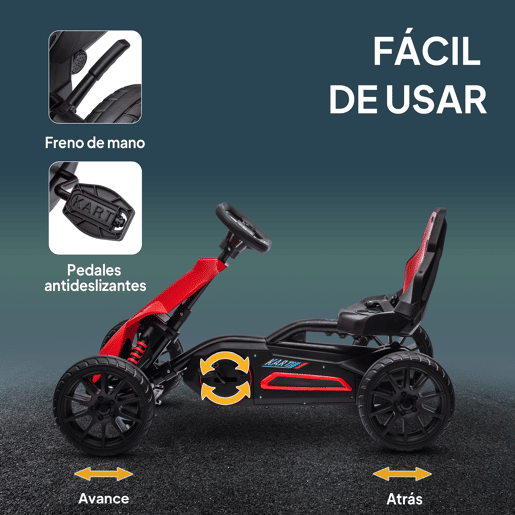 HOMCOM Kart a Pedais Infantil Kart a Pedais para Crianças de 3-8 Anos com Assento Ajustável em 4 Posições, Travão de Mão e Rodas de EVA Carga 30 kg 100x58x58,5 cm Vermelho
