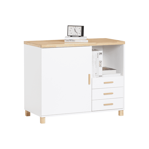 Suporte para impressora com 1 porta Armário de escritório Mesa de apoio com 3 gavetas e 1 compartimento aberto 90 x 45 x 75 cm ASK07-WN SoBuy PT