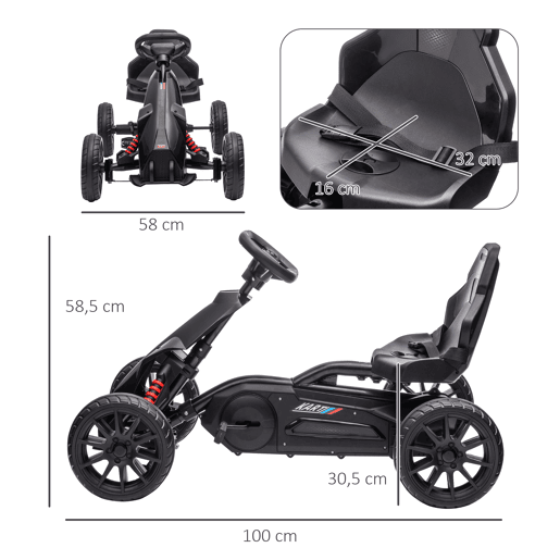 HOMCOM Kart a Pedais Infantil Kart a Pedais para Crianças de 3-8 Anos com Assento Ajustável em 4 Posições, Travão de Mão e Rodas de EVA Carga 30 kg Preto