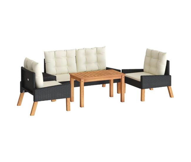 Set de muebels de jardín 4 piezas con cojines ratán pe y madera