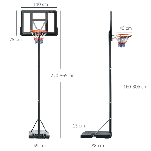 HOMCOM Cesta de Basquetebol de Exterior com Altura Ajustável 220-365 cm Aro de Basquetebol com Suporte Cesta de Basquetebol com Rodas Base Recarregável Preto
