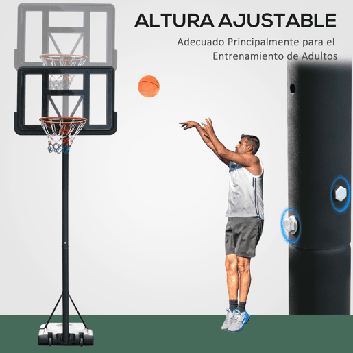 HOMCOM Cesta de Basquetebol de Exterior com Altura Ajustável 220-365 cm Aro de Basquetebol com Suporte Cesta de Basquetebol com Rodas Base Recarregável Preto