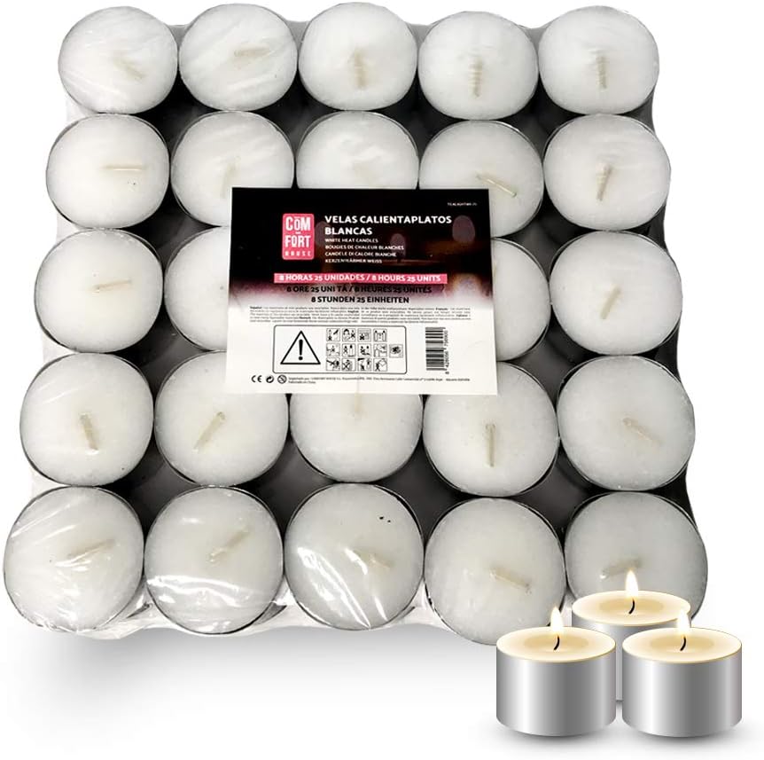 Com-fort house | velas de te blancas | pack velas de 100 unidades | velas de té calientaplatos | tealight | 8 horas de duración | velas decorativas sin perfume |