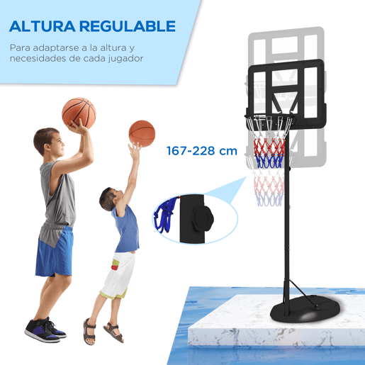 SPORTNOW Tabela de Basquetebol com Altura Ajustável 216-277 cm Aro de Basquetebol para Exterior com Rodas e Base Recarregável para Adolescentes Preto