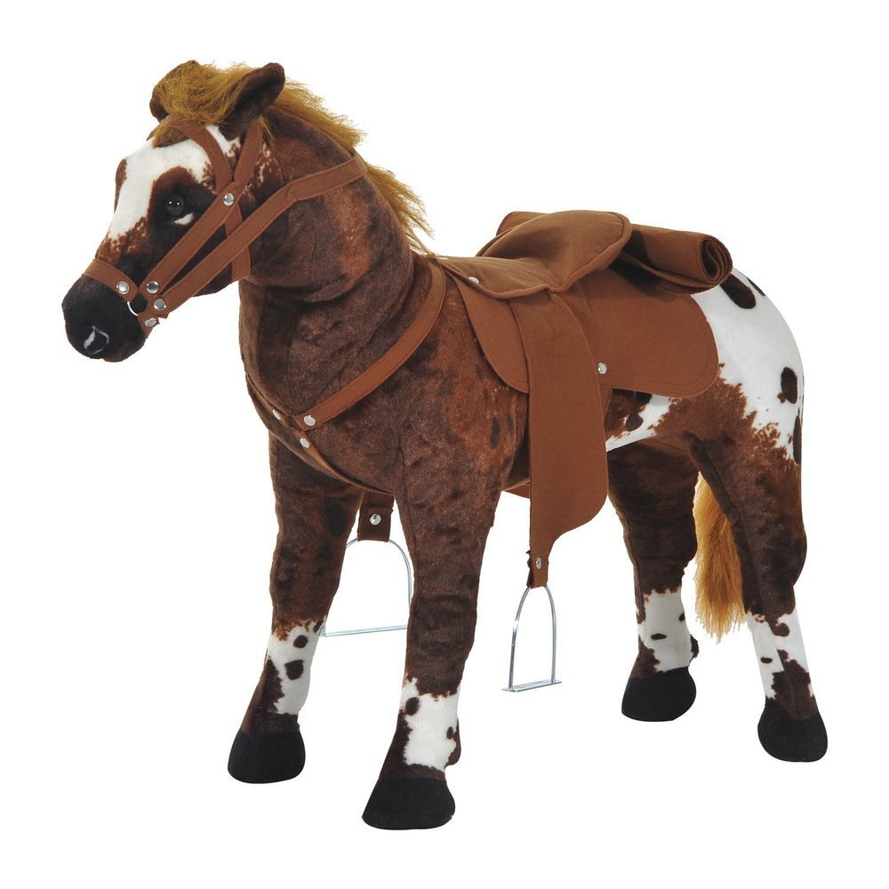 Homcom caballo de juguete niños mayores de 2 años con silla sonidos realistas y estructura de metal carga 60 kg 85x28x60 cm marrón