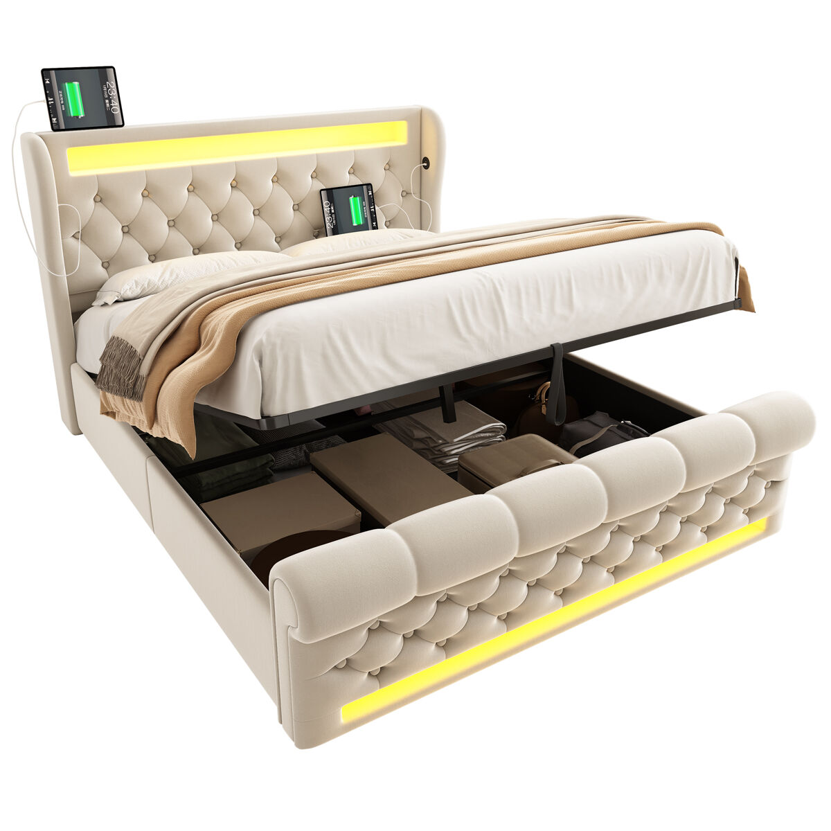 Cama de matrimonio de terciopelo con almacenaje 146x220 Beige