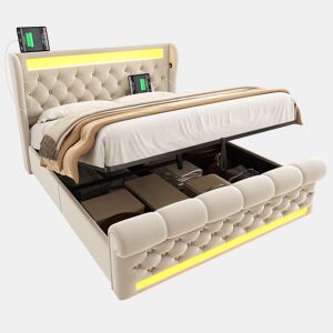 Cama de casal de veludo 140x200cm com armazenamento e luz led,bege