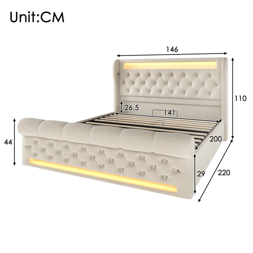 Cama de casal de veludo 140x200cm com armazenamento e luz led,bege