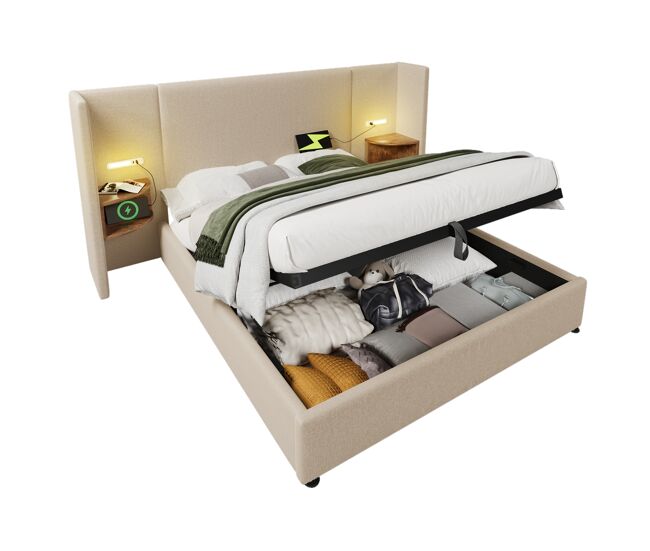 Cama de matrimonio de lino 180x200cm con almacenaje y luz led,beige