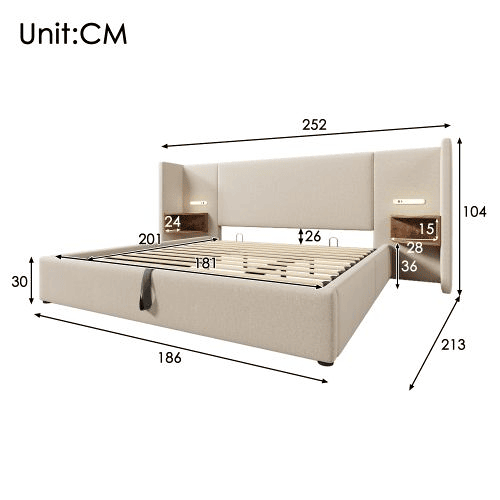 Cama de casal de linho 180x200cm com armazenamento e luz led,bege
