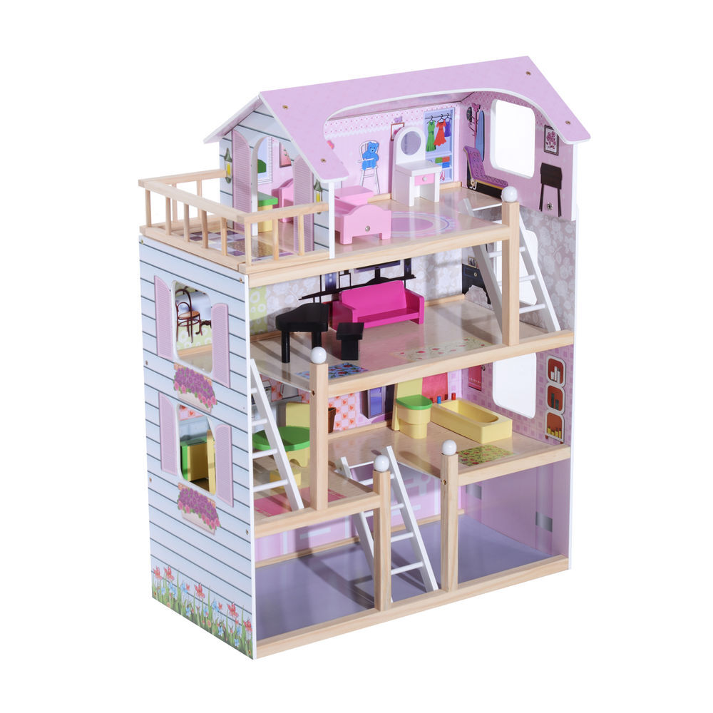 Homcom casa de muñecas de madera con muebles de 4 niveles altura 80,5 cm con 13 accesorios casita de muñecas para niñas jueguete para niños 60,5x30x80,5 cm rosa