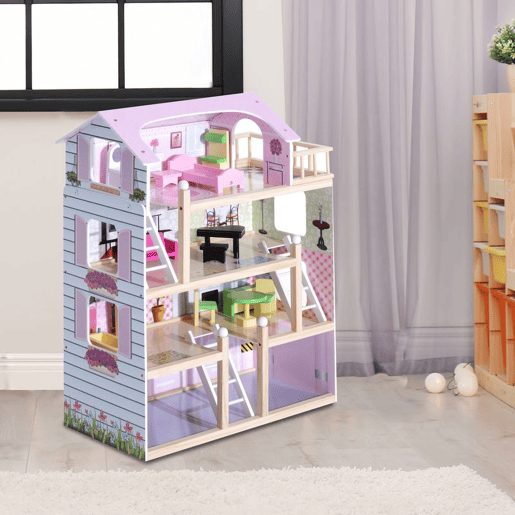 HOMCOM Casa de Bonecas com Móveis e 4 Andares Casa de Bonecas com 13 Acessórios Brinquedo de Imitação 60,5x30x80,5cm Rosa