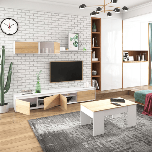 Pack salón Arlet Plus V2 Artik White (Branco mate) - Carvalho canadiano 200 x 43 x 41 cm