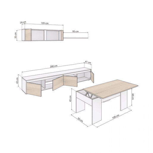 Pack salón Arlet Plus V2 Artik White (Branco mate) - Carvalho canadiano 200 x 43 x 41 cm