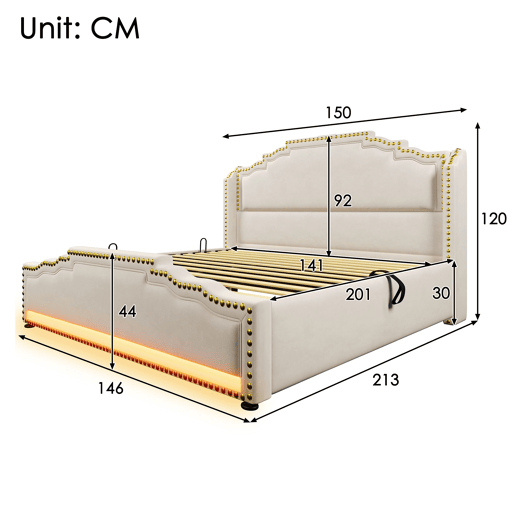 Cama de casal de veludo 140x200cm com armazenamento e luz led,bege