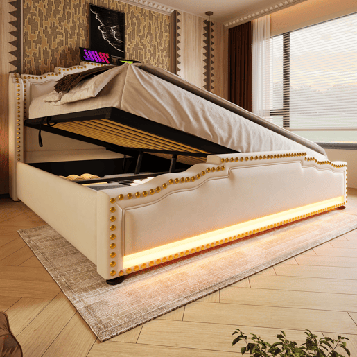 Cama de casal de veludo 140x200cm com armazenamento e luz led,bege