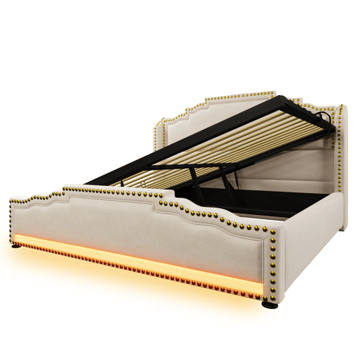 Cama de casal de veludo 140x200cm com armazenamento e luz led,bege