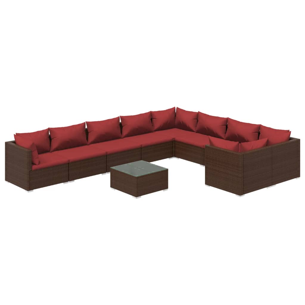 Set muebles de jardín 10 piezas cojines ratán sintético marrón
