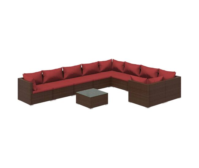 Set muebles de jardín 10 piezas cojines ratán sintético marrón