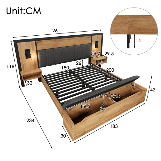 Cama de casal de madeira maciça e metal 180x200cm,natural Cama de casal de madeira maciça e metal 180x200cm,natural