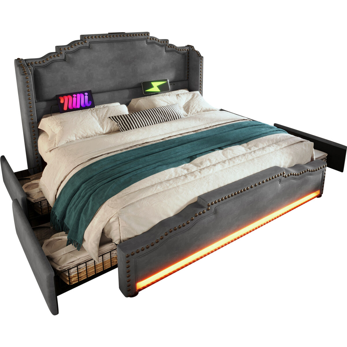 Cama de matrimonio de terciopelo con 4 cajónes 149x214