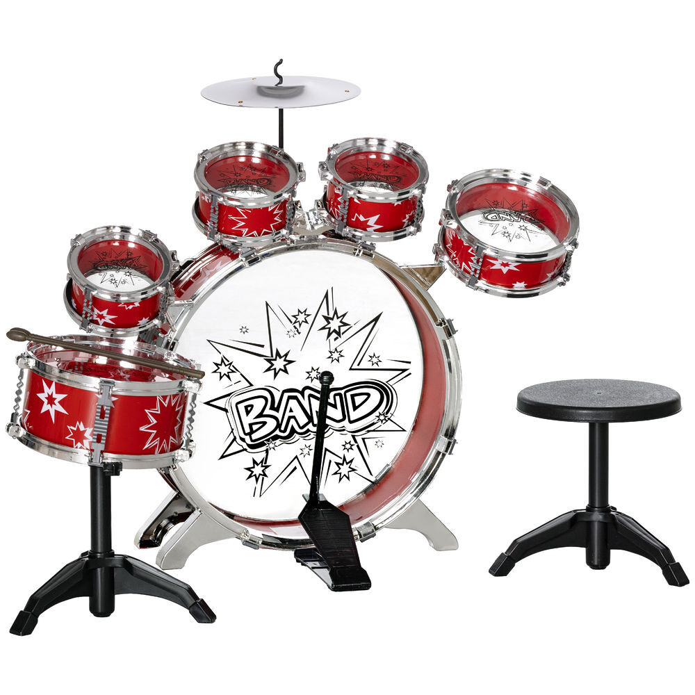Aiyaplay batería infantil con taburete batería para niños de +3 años con tambores bombo platillo pedal y baquetas diseño con tema de estrellas 65x22x57 cm rojo