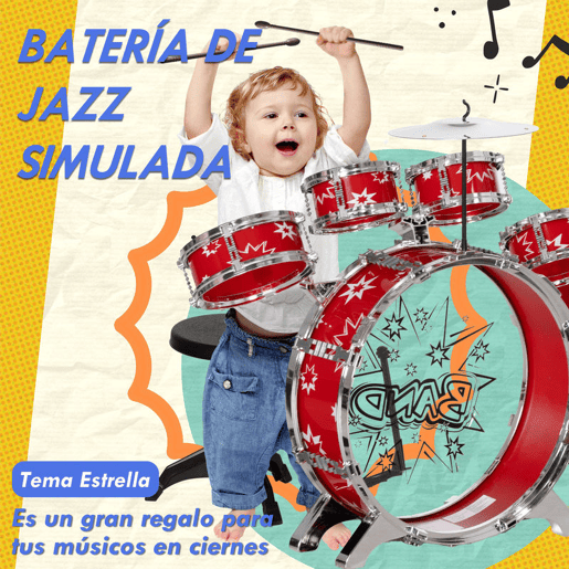 AIYAPLAY Bateria Infantil com Banco Bateria para Crianças acima de 3 Anos com Tambores Pedal e Baqueta Desenho com Tema de Estrelas 65x22x57 cm Vermelho