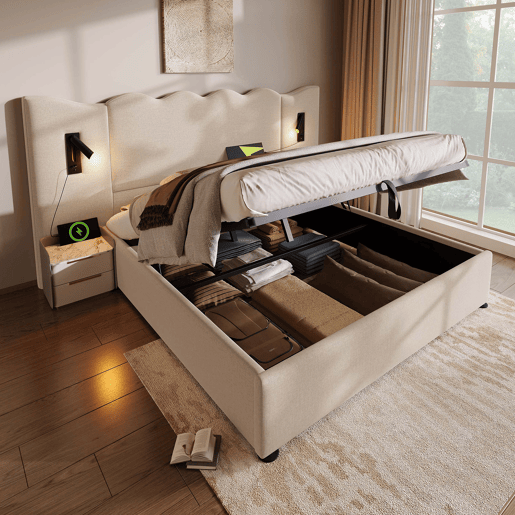 Cama de casal de linho 180x200cm com armazenamento,bege