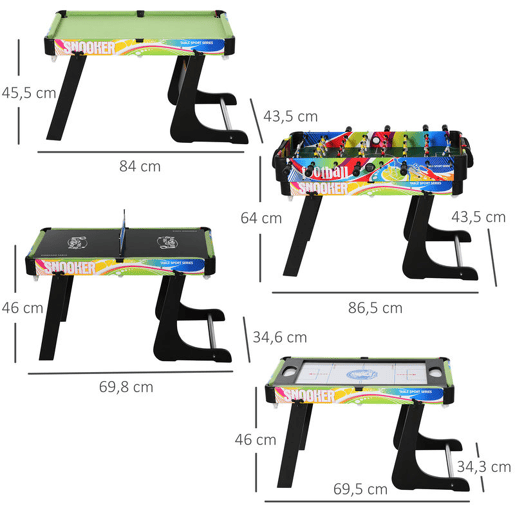 HOMCOM Mesa Multi-Jogos Dobrável Mesa de Jogos Desenho 4 em 1 Matraquilhos Hóquei de Mesa Bilhar Pingue-Pongue e Acessórios Incluídos 86,5x43,5x64 cm Multicor
