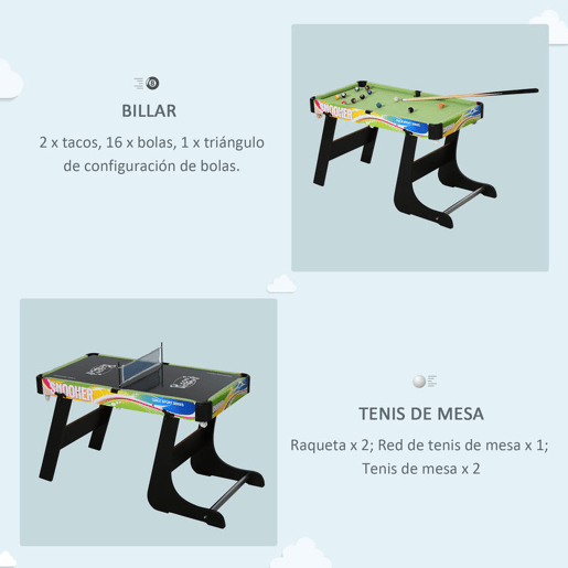 HOMCOM Mesa Multi-Jogos Dobrável Mesa de Jogos Desenho 4 em 1 Matraquilhos Hóquei de Mesa Bilhar Pingue-Pongue e Acessórios Incluídos 86,5x43,5x64 cm Multicor