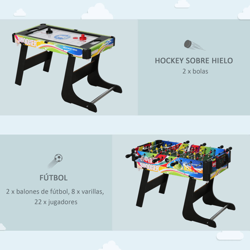HOMCOM Mesa Multi-Jogos Dobrável Mesa de Jogos Desenho 4 em 1 Matraquilhos Hóquei de Mesa Bilhar Pingue-Pongue e Acessórios Incluídos 86,5x43,5x64 cm Multicor