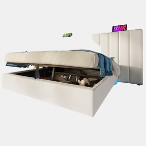 Cama de casal de pu 160x200cm com armazenamento e luz led,branco